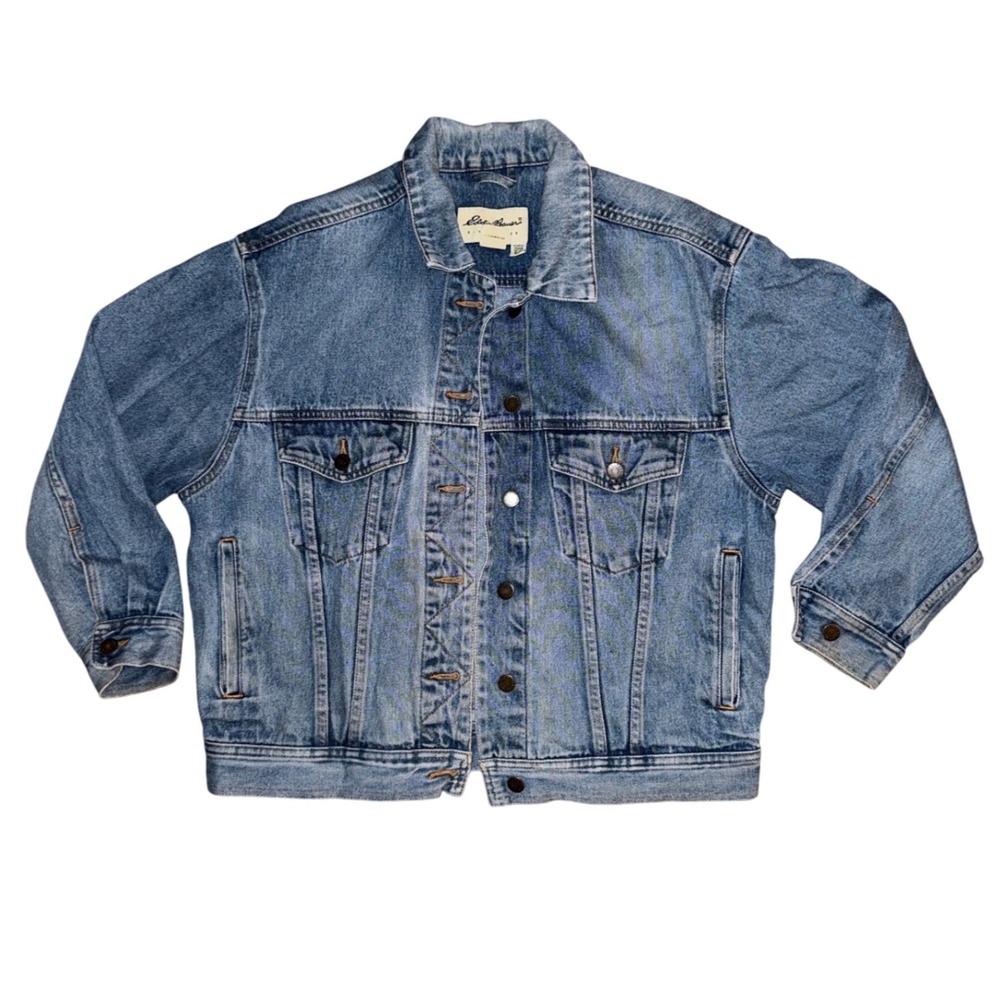 Eddie Bauer Womens Denim Trucker Jacket Medium Wash Blue Cotton Petite Small S/P